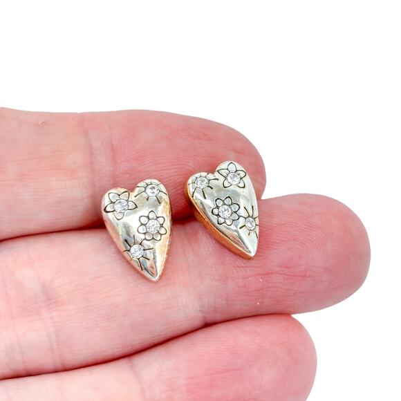 Vintage Gold Tone Heart Earrings | Cubic Zirconia Studs | Sold As Is - Picture 1 of 8